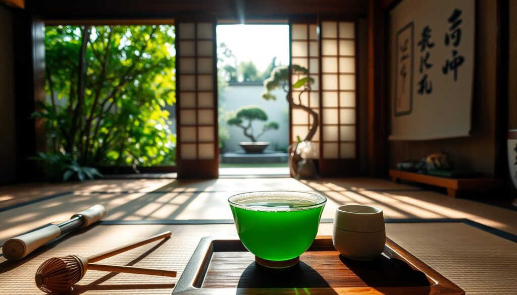 A serene green tea ceremony in a tranquil Japanese garden. A delicate teacup filled with vibrant green liquid, steam gently rising. Sunlight filters through the lush foliage, casting a warm glow. In the foreground, a bamboo tea whisk and a small ceramic tea container rest on a wooden tray. The middle ground features a tatami mat, a calligraphic scroll, and a minimalist flower arrangement. The background showcases a traditional sliding paper screen door, leading to a secluded patio overlooking a koi pond and a meticulously pruned bonsai tree. An atmosphere of calm, contemplation, and the appreciation of nature's beauty. A serene green tea ceremony in a tranquil Japanese garden. A delicate teacup filled with vibrant green liquid, steam gently rising. Sunlight filters through the lush foliage, casting a warm glow. In the foreground, a bamboo tea whisk and a small ceramic tea container rest on a wooden tray. The middle ground features a tatami mat, a calligraphic scroll, and a minimalist flower arrangement. The background showcases a traditional sliding paper screen door, leading to a secluded patio overlooking a koi pond and a meticulously pruned bonsai tree. An atmosphere of calm, contemplation, and the appreciation of nature's beauty.
