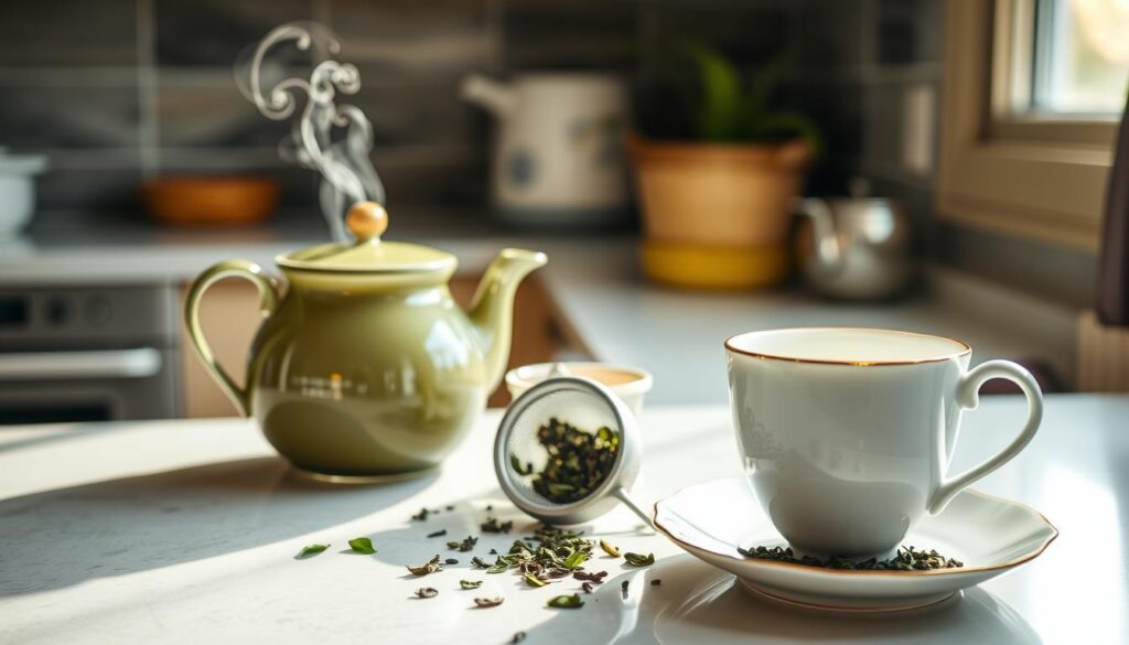 A serene kitchen counter with a ceramic teapot, gently steaming, surrounded by artfully arranged tea leaves, a tea strainer, and a delicate china cup. Soft natural light filters through a nearby window, casting a warm glow over the scene. The composition emphasizes the simplicity and elegance of the green tea brewing process, inviting the viewer to pause and savor the moment. A sense of tranquility and attention to detail permeates the image, guiding the viewer towards mindful tea preparation and the avoidance of common brewing mistakes. A serene kitchen counter with a ceramic teapot, gently steaming, surrounded by artfully arranged tea leaves, a tea strainer, and a delicate china cup. Soft natural light filters through a nearby window, casting a warm glow over the scene. The composition emphasizes the simplicity and elegance of the green tea brewing process, inviting the viewer to pause and savor the moment. A sense of tranquility and attention to detail permeates the image, guiding the viewer towards mindful tea preparation and the avoidance of common brewing mistakes.