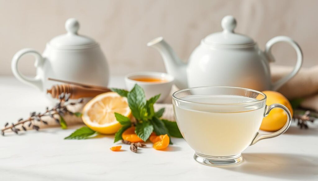 A serene, softly lit tabletop arrangement showcasing an assortment of white tea flavor combinations. In the foreground, a delicate porcelain teacup filled with translucent white tea, accompanied by an array of fragrant ingredients like fresh mint leaves, lemon slices, and dried apricot wedges. In the middle ground, a classic white ceramic teapot and a small dish of honey, hinting at the versatility of white tea. The background features a minimalist, natural-toned backdrop, allowing the elegant simplicity of the scene to shine. Soft, natural lighting bathes the arrangement, creating a calming, inviting atmosphere that evokes the ritual and pleasure of white tea tasting. A serene, softly lit tabletop arrangement showcasing an assortment of white tea flavor combinations. In the foreground, a delicate porcelain teacup filled with translucent white tea, accompanied by an array of fragrant ingredients like fresh mint leaves, lemon slices, and dried apricot wedges. In the middle ground, a classic white ceramic teapot and a small dish of honey, hinting at the versatility of white tea. The background features a minimalist, natural-toned backdrop, allowing the elegant simplicity of the scene to shine. Soft, natural lighting bathes the arrangement, creating a calming, inviting atmosphere that evokes the ritual and pleasure of white tea tasting.