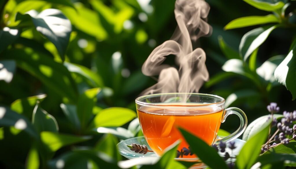 A serene, sun-dappled scene of a steaming cup of earl grey tea against a backdrop of lush, verdant foliage. The vibrant green leaves frame the elegant, translucent teacup, its wispy steam rising and illuminated by soft, natural lighting. The tea's signature bergamot aroma wafts through the air, evoking a sense of tranquility and rejuvenation. Delicate floral accents, such as lavender sprigs, lend a touch of soothing sophistication. The overall composition conveys the calming and mood-enhancing properties of this beloved tea, inviting the viewer to pause, savor, and find respite in the simple pleasures of life. A serene, sun-dappled scene of a steaming cup of earl grey tea against a backdrop of lush, verdant foliage. The vibrant green leaves frame the elegant, translucent teacup, its wispy steam rising and illuminated by soft, natural lighting. The tea's signature bergamot aroma wafts through the air, evoking a sense of tranquility and rejuvenation. Delicate floral accents, such as lavender sprigs, lend a touch of soothing sophistication. The overall composition conveys the calming and mood-enhancing properties of this beloved tea, inviting the viewer to pause, savor, and find respite in the simple pleasures of life.