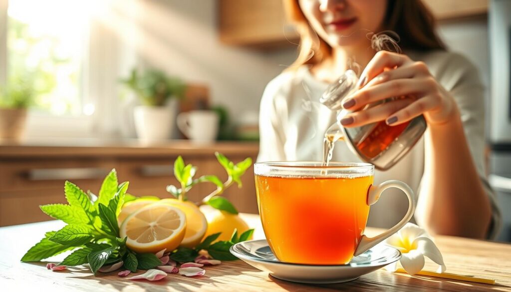 A serene, sun-dappled scene of a woman's morning tea ritual. In the foreground, a delicate white ceramic teacup filled with vibrant amber-hued liquid, steam curling gently. Surrounding it, an arrangement of fresh botanicals - lemon slices, sprigs of mint, and fragrant jasmine petals. In the middle ground, the woman's hands carefully pouring the tea, her face tranquil and focused. The background reveals a cozy, well-lit kitchen, with clean lines, natural wood tones, and a glimpse of lush greenery through a window. Soft, warm lighting cascades over the scene, creating an atmosphere of calm and restoration. A serene, sun-dappled scene of a woman's morning tea ritual. In the foreground, a delicate white ceramic teacup filled with vibrant amber-hued liquid, steam curling gently. Surrounding it, an arrangement of fresh botanicals - lemon slices, sprigs of mint, and fragrant jasmine petals. In the middle ground, the woman's hands carefully pouring the tea, her face tranquil and focused. The background reveals a cozy, well-lit kitchen, with clean lines, natural wood tones, and a glimpse of lush greenery through a window. Soft, warm lighting cascades over the scene, creating an atmosphere of calm and restoration.