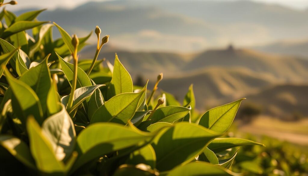 A serene, sunlit close-up of fresh Assam black tea leaves, their deep green hues illuminated by warm, natural lighting. Delicate stems and buds emerge from the lush foliage, suggesting the care and cultivation that goes into this premium tea. In the background, a hazy, atmospheric landscape of rolling hills and misty valleys hints at the tea's origins in the Assam region of India. The overall impression is one of vibrant health, vitality, and the restorative properties of this celebrated beverage.