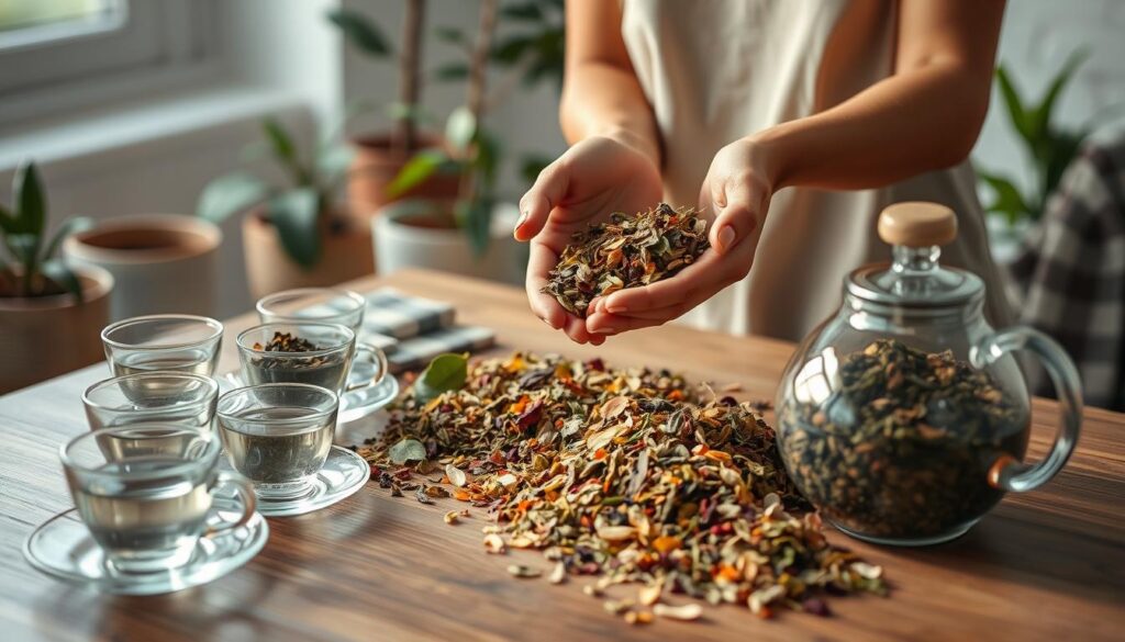 A serene, well-lit scene depicting a person carefully examining and selecting a variety of detox cleansing tea leaves. The foreground shows a wooden table with an assortment of delicate glass tea cups, saucers, and a tea pot. The middle ground features the person's hands gently sifting through an array of dried tea leaves, leaves, and flowers, evaluating their color, texture, and aroma. The background shows a calming, natural setting with potted plants, soft lighting, and a neutral color palette, creating a soothing, mindful atmosphere. The overall composition conveys a sense of tranquility, thoughtfulness, and the pursuit of health and wellness through the selection of the perfect detox cleansing tea. A serene, well-lit scene depicting a person carefully examining and selecting a variety of detox cleansing tea leaves. The foreground shows a wooden table with an assortment of delicate glass tea cups, saucers, and a tea pot. The middle ground features the person's hands gently sifting through an array of dried tea leaves, leaves, and flowers, evaluating their color, texture, and aroma. The background shows a calming, natural setting with potted plants, soft lighting, and a neutral color palette, creating a soothing, mindful atmosphere. The overall composition conveys a sense of tranquility, thoughtfulness, and the pursuit of health and wellness through the selection of the perfect detox cleansing tea.