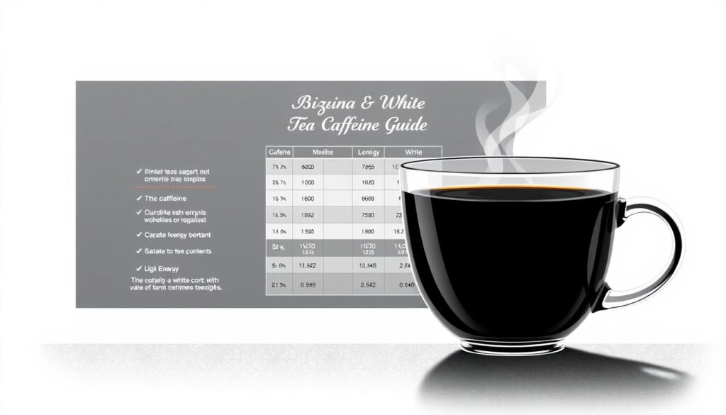 A sleek and modern illustration of an "Arizona Black and White Tea Caffeine Guide". In the foreground, a clean-lined glass or ceramic teacup filled with a dark, rich black tea, steam rising from the surface. In the middle ground, an elegant black and white graphic chart or infographic, detailing the caffeine content and energy benefits of different black and white tea varieties. The background is a simple, minimalist gradient or texture, in muted shades of black, grey, and white, creating a high-contrast, refined aesthetic. The lighting is soft and diffused, with a touch of natural daylight filtering in. The overall mood is one of sophistication, clarity, and informative utility.