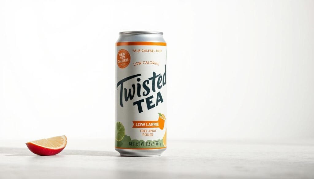 A sleek, minimalist still life composition showcasing a can of low-calorie Twisted Tea against a bright, airy backdrop. The can is positioned prominently in the foreground, its label and branding clearly visible. The lighting is soft and diffused, creating a natural, appetizing appearance. The background is a simple, subtly textured surface, allowing the product to take center stage. The overall mood is clean, modern, and health-conscious, reflecting the "Twisted Tea and Dieting" theme.