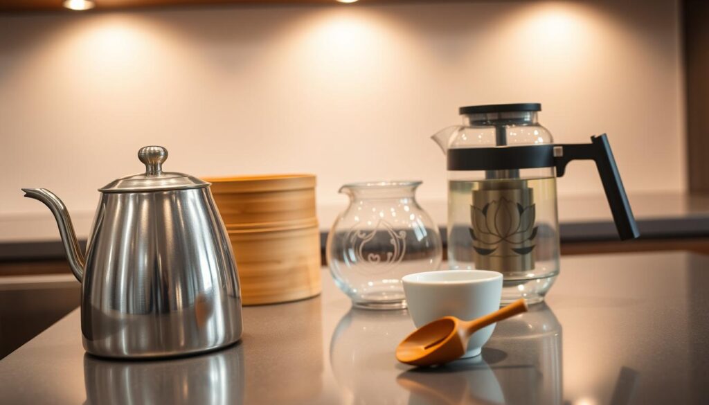 A sleek, modern kitchen counter showcases the essential black milk tea brewing equipment. In the foreground, a polished stainless steel kettle with a curved spout stands ready to heat the water. Beside it, a traditional bamboo steamer basket and a glass teapot with a delicate lotus pattern capture the essence of Asian tea culture. In the middle ground, a hand-carved wooden tea scoop and a small ceramic cup await the freshly brewed tea. The background features a minimalist, light-toned backsplash, creating a serene and inviting atmosphere. Soft, warm lighting illuminates the scene, accentuating the elegant, functional design of the brewing tools.