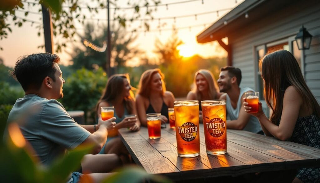 A social gathering of friends enjoying Twisted Tea on a warm summer evening. In the foreground, a group of young adults seated around a rustic wooden table, glasses in hand, engaged in lively conversation. The middle ground features a cozy outdoor patio, with string lights casting a soft glow and lush greenery providing a natural backdrop. In the background, the setting sun casts a warm, golden hue, creating a serene and inviting atmosphere. The scene is captured with a shallow depth of field, emphasizing the focal point of the friends socializing and the Twisted Tea they share.