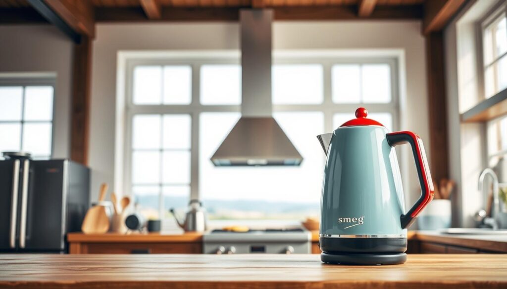 A spacious, well-lit kitchen interior with a prominent, gleaming Smeg tea kettle in the foreground. The kettle is positioned on a wooden countertop, its iconic retro-inspired design and vibrant color (e.g. red, blue, green) commanding attention. In the middle ground, various kitchen appliances and utensils are neatly arranged, suggesting a well-equipped cooking space. The background features a large window overlooking a scenic outdoor landscape, flooding the scene with natural light. The overall mood is one of warmth, comfort, and a discerning appreciation for high-quality, design-forward kitchen essentials. A spacious, well-lit kitchen interior with a prominent, gleaming Smeg tea kettle in the foreground. The kettle is positioned on a wooden countertop, its iconic retro-inspired design and vibrant color (e.g. red, blue, green) commanding attention. In the middle ground, various kitchen appliances and utensils are neatly arranged, suggesting a well-equipped cooking space. The background features a large window overlooking a scenic outdoor landscape, flooding the scene with natural light. The overall mood is one of warmth, comfort, and a discerning appreciation for high-quality, design-forward kitchen essentials.