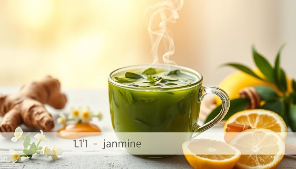 A steaming cup of jasmine green tea set against a soft, hazy background. The tea leaves float gracefully, their delicate green hues complemented by the warm, golden light filtering through the mug. Wisps of fragrant steam curl upwards, conveying the soothing and rejuvenating properties of this antioxidant-rich beverage. Surrounding the cup, an array of natural immunity-boosting ingredients like fresh ginger, honey, and lemon slices add a sense of vitality and wholesome wellness. The composition is captured with a shallow depth of field, drawing the viewer's attention to the captivating centerpiece - the jasmine green tea, a potent ally in supporting the body's natural defenses. A steaming cup of jasmine green tea set against a soft, hazy background. The tea leaves float gracefully, their delicate green hues complemented by the warm, golden light filtering through the mug. Wisps of fragrant steam curl upwards, conveying the soothing and rejuvenating properties of this antioxidant-rich beverage. Surrounding the cup, an array of natural immunity-boosting ingredients like fresh ginger, honey, and lemon slices add a sense of vitality and wholesome wellness. The composition is captured with a shallow depth of field, drawing the viewer's attention to the captivating centerpiece - the jasmine green tea, a potent ally in supporting the body's natural defenses.