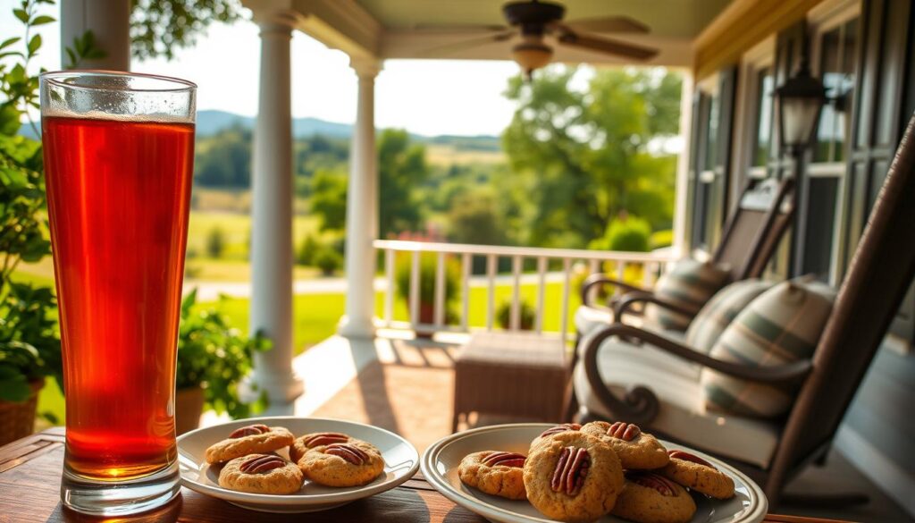 A sun-drenched Southern porch, adorned with lush greenery and a rocking chair. In the foreground, a tall glass of freshly brewed sweet tea, its amber hue glistening in the warm light. Beside it, a plate of homemade pecan cookies, their buttery crumbs inviting a leisurely afternoon respite. The middle ground reveals a cozy arrangement of wicker furniture, plush pillows, and a gentle ceiling fan, hinting at the comforts of a laid-back lifestyle. In the background, a picturesque landscape of rolling hills and verdant trees, framing the scene with a sense of tranquility and timeless Southern charm. Soft, diffused lighting bathes the entire composition, creating an atmosphere of relaxation and nostalgia. A sun-drenched Southern porch, adorned with lush greenery and a rocking chair. In the foreground, a tall glass of freshly brewed sweet tea, its amber hue glistening in the warm light. Beside it, a plate of homemade pecan cookies, their buttery crumbs inviting a leisurely afternoon respite. The middle ground reveals a cozy arrangement of wicker furniture, plush pillows, and a gentle ceiling fan, hinting at the comforts of a laid-back lifestyle. In the background, a picturesque landscape of rolling hills and verdant trees, framing the scene with a sense of tranquility and timeless Southern charm. Soft, diffused lighting bathes the entire composition, creating an atmosphere of relaxation and nostalgia.