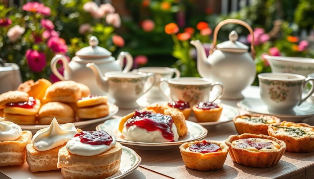 A table laden with an assortment of delectable cream tea delights, bathed in soft, natural lighting. In the foreground, a selection of scones, freshly baked and adorned with clotted cream and jam, exuding a tempting sweetness. Alongside, savory bites like herb-infused cheese tarts and crustless quiches, offering a harmonious balance of flavors. In the middle ground, a vintage teapot and delicate china cups, hinting at the timeless elegance of this cherished tradition. The background showcases a quaint English garden, with vibrant blooms and lush greenery, evoking a sense of tranquility and nostalgia. This image captures the essence of the classic cream tea, highlighting the captivating contrast between sweet and savory delights. A table laden with an assortment of delectable cream tea delights, bathed in soft, natural lighting. In the foreground, a selection of scones, freshly baked and adorned with clotted cream and jam, exuding a tempting sweetness. Alongside, savory bites like herb-infused cheese tarts and crustless quiches, offering a harmonious balance of flavors. In the middle ground, a vintage teapot and delicate china cups, hinting at the timeless elegance of this cherished tradition. The background showcases a quaint English garden, with vibrant blooms and lush greenery, evoking a sense of tranquility and nostalgia. This image captures the essence of the classic cream tea, highlighting the captivating contrast between sweet and savory delights.