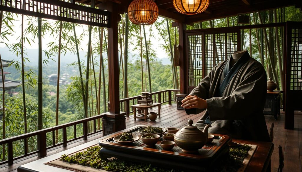 A traditional Chinese tea house set in a serene bamboo forest, with a warm, diffused light filtering through the lush greenery. In the foreground, a skilled tea master meticulously prepares a batch of freshly harvested gunpowder tea leaves, delicately rolling and shaping them between his nimble fingers. The middle ground features an ornate tea table, adorned with intricate ceramic vessels and accompanying accoutrements, hinting at the centuries-old tea ceremony traditions. In the background, a panoramic view of the rolling hills and distant pagodas, creating a harmonious backdrop to this timeless ritual. The atmosphere is one of tranquility, reverence, and a deep appreciation for the cultural significance of this iconic Chinese tea. A traditional Chinese tea house set in a serene bamboo forest, with a warm, diffused light filtering through the lush greenery. In the foreground, a skilled tea master meticulously prepares a batch of freshly harvested gunpowder tea leaves, delicately rolling and shaping them between his nimble fingers. The middle ground features an ornate tea table, adorned with intricate ceramic vessels and accompanying accoutrements, hinting at the centuries-old tea ceremony traditions. In the background, a panoramic view of the rolling hills and distant pagodas, creating a harmonious backdrop to this timeless ritual. The atmosphere is one of tranquility, reverence, and a deep appreciation for the cultural significance of this iconic Chinese tea.
