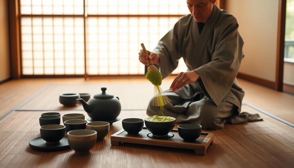 A traditional Japanese tea ceremony in a serene, minimalist setting. In the foreground, a skilled tea master gracefully prepares matcha using a bamboo whisk, resulting in a frothy, vibrant green tea. Surrounding the master is an array of traditional tea ceremony utensils, including a cast iron teapot, ceramic cups, and a bamboo tray. In the middle ground, a tatami mat-covered floor creates a calming, natural ambiance. The background features a shoji screen, allowing soft, diffused natural light to filter in, accentuating the tranquil mood. The entire scene is bathed in a warm, golden glow, capturing the timeless elegance and reverence of the traditional green tea preparation. A traditional Japanese tea ceremony in a serene, minimalist setting. In the foreground, a skilled tea master gracefully prepares matcha using a bamboo whisk, resulting in a frothy, vibrant green tea. Surrounding the master is an array of traditional tea ceremony utensils, including a cast iron teapot, ceramic cups, and a bamboo tray. In the middle ground, a tatami mat-covered floor creates a calming, natural ambiance. The background features a shoji screen, allowing soft, diffused natural light to filter in, accentuating the tranquil mood. The entire scene is bathed in a warm, golden glow, capturing the timeless elegance and reverence of the traditional green tea preparation.
