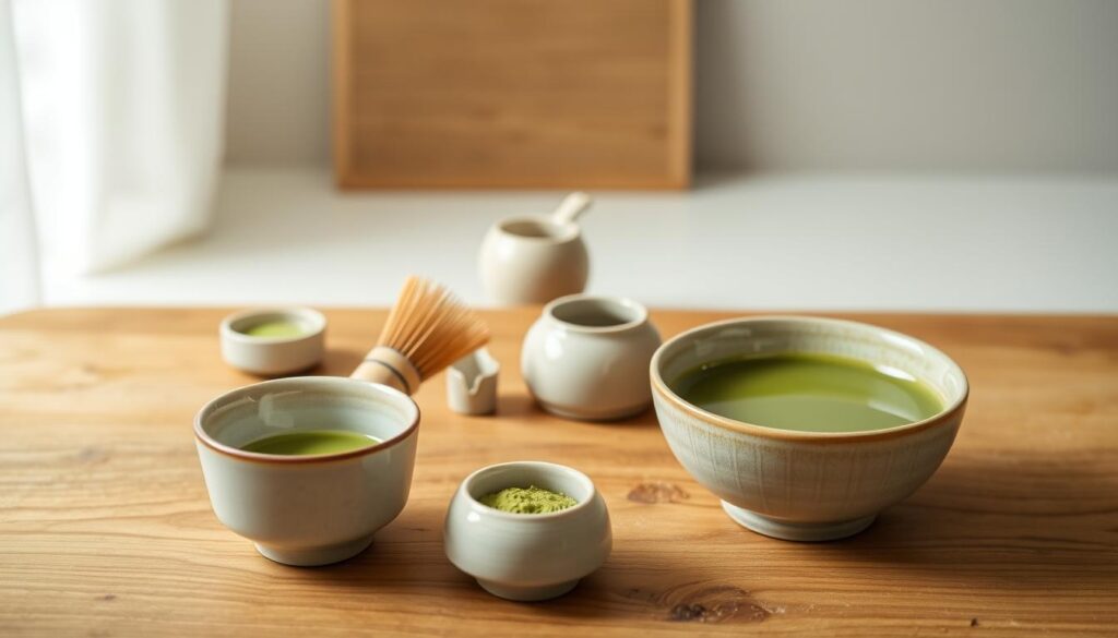 A tranquil matcha tea set arrangement on a natural wood surface, with a soft, even lighting from above. In the foreground, a ceramic matcha bowl, a bamboo whisk, and a small ceramic pitcher. In the middle ground, a ceramic tea scoop and a small ceramic jar for matcha powder. In the background, a clean, minimalist backdrop, suggesting a serene, zen-like atmosphere. The image conveys a sense of care, attention to detail, and the importance of properly maintaining the tools needed for a high-quality matcha tea ritual. A tranquil matcha tea set arrangement on a natural wood surface, with a soft, even lighting from above. In the foreground, a ceramic matcha bowl, a bamboo whisk, and a small ceramic pitcher. In the middle ground, a ceramic tea scoop and a small ceramic jar for matcha powder. In the background, a clean, minimalist backdrop, suggesting a serene, zen-like atmosphere. The image conveys a sense of care, attention to detail, and the importance of properly maintaining the tools needed for a high-quality matcha tea ritual.