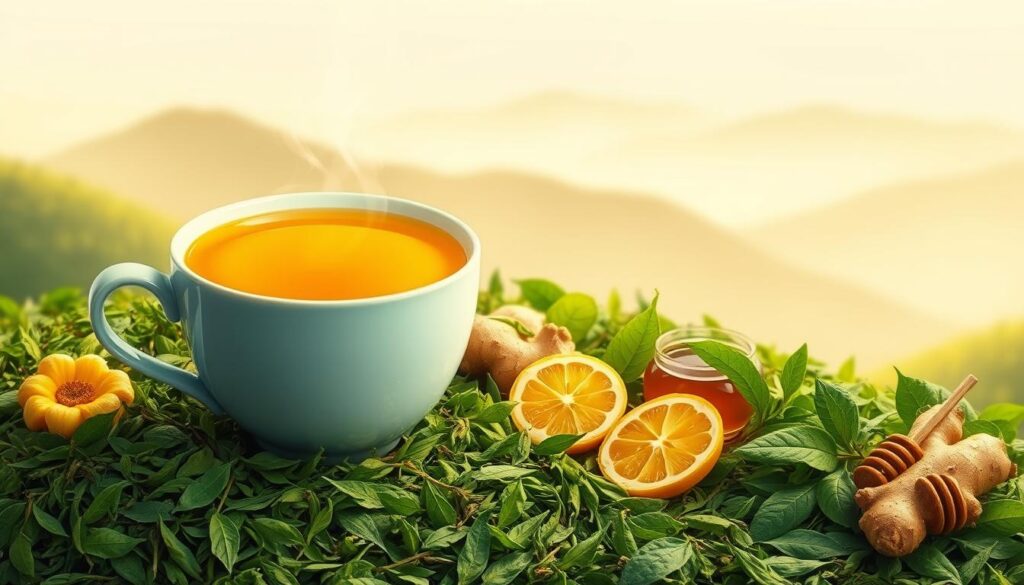 A vibrant and detailed illustration of the health benefits of Ding tea. In the foreground, a steaming cup of rich, golden-colored tea, its fragrant steam curling upwards. Surrounding the cup, an artfully arranged display of Ding tea leaves, their delicate green hues and intricate textures meticulously captured. In the middle ground, a selection of traditional Chinese medicine ingredients commonly associated with Ding tea's health properties - ginger, honey, and lemon slices. The background features a serene, minimalist landscape, evoking the tranquil environment where Ding tea is harvested. Soft, warm lighting illuminates the scene, creating a sense of calm and wellbeing. The overall composition conveys the holistic, restorative nature of Ding tea's health benefits. A vibrant and detailed illustration of the health benefits of Ding tea. In the foreground, a steaming cup of rich, golden-colored tea, its fragrant steam curling upwards. Surrounding the cup, an artfully arranged display of Ding tea leaves, their delicate green hues and intricate textures meticulously captured. In the middle ground, a selection of traditional Chinese medicine ingredients commonly associated with Ding tea's health properties - ginger, honey, and lemon slices. The background features a serene, minimalist landscape, evoking the tranquil environment where Ding tea is harvested. Soft, warm lighting illuminates the scene, creating a sense of calm and wellbeing. The overall composition conveys the holistic, restorative nature of Ding tea's health benefits.