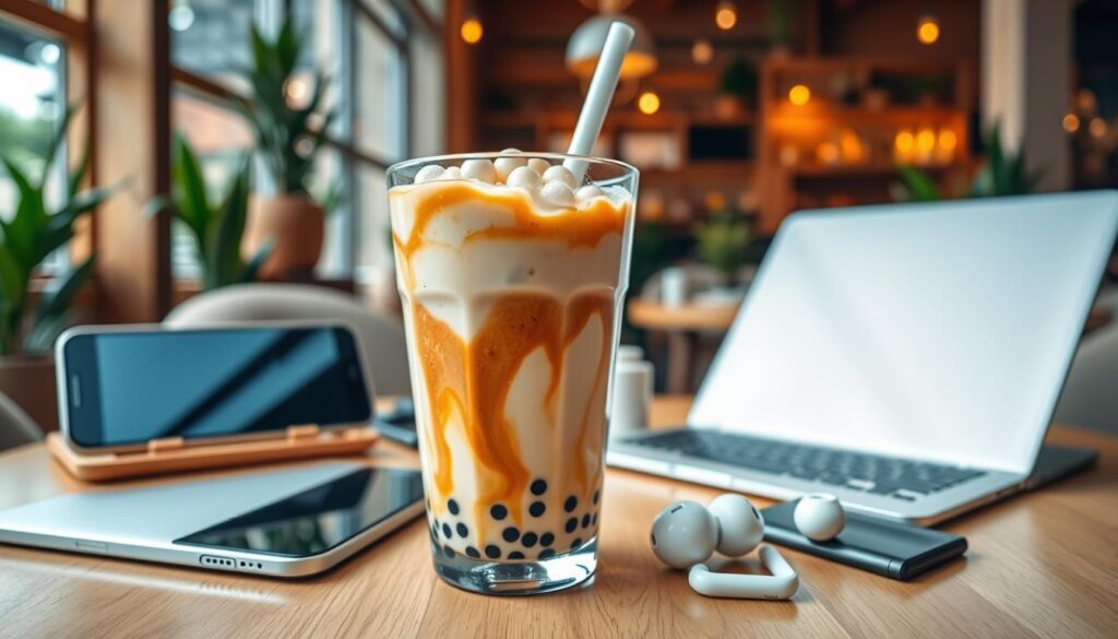 A vibrant and inviting social media scene capturing the trendy appeal of brown sugar milk tea. In the foreground, a stylish glass filled with the signature swirling layers of brown sugar syrup and creamy milk tea, garnished with a chunky tapioca pearl topping. Artfully arranged around it, an array of modern devices - a sleek smartphone, a minimalist laptop, and a trendy pair of wireless earbuds - all positioned to suggest a lively, tech-savvy gathering. The background depicts a cozy, contemporary café setting, with warm lighting, wooden accents, and potted plants creating a welcoming, Instagram-worthy atmosphere. The overall composition conveys the undeniable popularity and visual appeal of this viral milk tea sensation. A vibrant and inviting social media scene capturing the trendy appeal of brown sugar milk tea. In the foreground, a stylish glass filled with the signature swirling layers of brown sugar syrup and creamy milk tea, garnished with a chunky tapioca pearl topping. Artfully arranged around it, an array of modern devices - a sleek smartphone, a minimalist laptop, and a trendy pair of wireless earbuds - all positioned to suggest a lively, tech-savvy gathering. The background depicts a cozy, contemporary café setting, with warm lighting, wooden accents, and potted plants creating a welcoming, Instagram-worthy atmosphere. The overall composition conveys the undeniable popularity and visual appeal of this viral milk tea sensation.