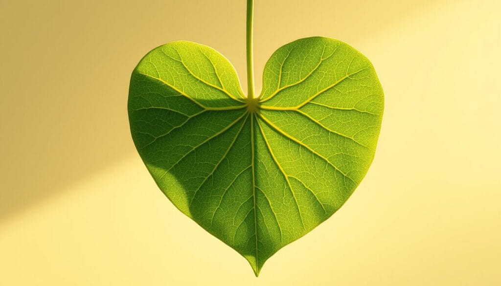 A vibrant, high-resolution image of a detailed heart-shaped green tea leaf, gently illuminated from the side with soft, warm lighting, set against a clean, minimalist background. The leaf's intricate veins and delicate texture are clearly visible, exuding a sense of vitality and health. The overall composition conveys a calming, serene atmosphere, emphasizing the heart health benefits and blood pressure management properties of organic green tea.