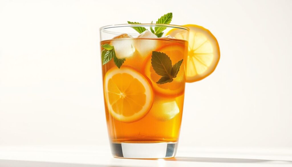 A vibrant, high-resolution image of fresh, transparent iced tea with lemon slices and mint leaves, gently floating in a pristine glass against a bright, sunlit background. The tea has a captivating, amber hue and a refreshing, revitalizing appearance. The composition is balanced, with the glass positioned in the foreground, allowing the viewer to appreciate the intricate details of the healthy, antioxidant-rich beverage. The lighting is natural and soft, casting a warm, inviting glow that highlights the tea's clarity and the crisp, vibrant colors of the garnishes. The overall mood is one of refreshment, well-being, and the positive health benefits associated with consuming high-quality iced tea. A vibrant, high-resolution image of fresh, transparent iced tea with lemon slices and mint leaves, gently floating in a pristine glass against a bright, sunlit background. The tea has a captivating, amber hue and a refreshing, revitalizing appearance. The composition is balanced, with the glass positioned in the foreground, allowing the viewer to appreciate the intricate details of the healthy, antioxidant-rich beverage. The lighting is natural and soft, casting a warm, inviting glow that highlights the tea's clarity and the crisp, vibrant colors of the garnishes. The overall mood is one of refreshment, well-being, and the positive health benefits associated with consuming high-quality iced tea.