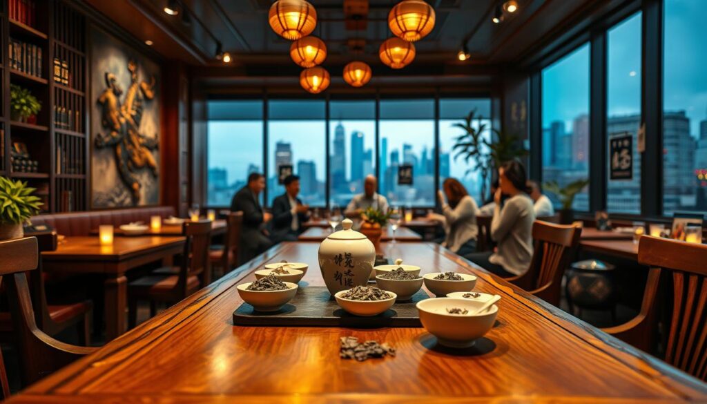 A vibrant, modern Chinese tea house in the heart of a bustling American city. The foreground features a beautifully crafted wooden tea table, adorned with a delicate porcelain tea set and an assortment of traditional Chinese tea leaves. The middle ground showcases a group of patrons, their faces lit by warm, soft lighting, engaged in lively conversation over steaming cups of fragrant tea. In the background, the urban skyline is visible through large windows, hinting at the growing popularity of Chinese tea culture in this Western setting. The overall atmosphere exudes a sense of tranquility and cultural exchange, reflecting the rising appreciation for Chinese tea traditions in the United States. A vibrant, modern Chinese tea house in the heart of a bustling American city. The foreground features a beautifully crafted wooden tea table, adorned with a delicate porcelain tea set and an assortment of traditional Chinese tea leaves. The middle ground showcases a group of patrons, their faces lit by warm, soft lighting, engaged in lively conversation over steaming cups of fragrant tea. In the background, the urban skyline is visible through large windows, hinting at the growing popularity of Chinese tea culture in this Western setting. The overall atmosphere exudes a sense of tranquility and cultural exchange, reflecting the rising appreciation for Chinese tea traditions in the United States.