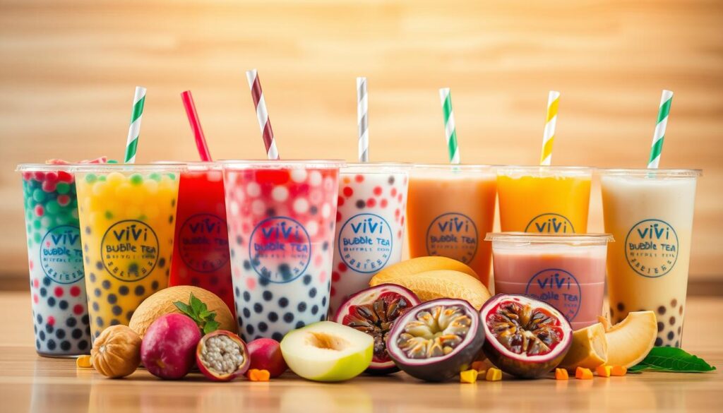 A vibrant still life arrangement showcasing an array of bubble tea flavors. In the foreground, an assortment of transparent cups brimming with colorful boba pearls, fruit slices, and swirling straws. The middle ground features a selection of fresh ingredients like lychee, passionfruit, and honeydew, artfully arranged to highlight their textures and hues. The background depicts a soft, blurred backdrop, perhaps a wooden surface or a tiled counter, creating a cozy, cafe-like atmosphere. Warm, diffused lighting casts a gentle glow over the scene, accentuating the translucency of the beverages and the vibrant, appetizing nature of the display. The overall composition evokes a sense of refreshment, variety, and the enticing allure of Vivi Bubble Tea's delectable flavor offerings. A vibrant still life arrangement showcasing an array of bubble tea flavors. In the foreground, an assortment of transparent cups brimming with colorful boba pearls, fruit slices, and swirling straws. The middle ground features a selection of fresh ingredients like lychee, passionfruit, and honeydew, artfully arranged to highlight their textures and hues. The background depicts a soft, blurred backdrop, perhaps a wooden surface or a tiled counter, creating a cozy, cafe-like atmosphere. Warm, diffused lighting casts a gentle glow over the scene, accentuating the translucency of the beverages and the vibrant, appetizing nature of the display. The overall composition evokes a sense of refreshment, variety, and the enticing allure of Vivi Bubble Tea's delectable flavor offerings.