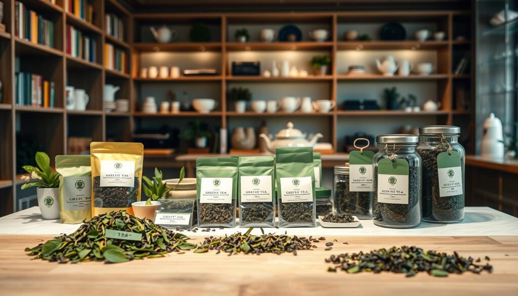A vibrant still-life scene depicting a price comparison of various high-quality green tea varieties. The foreground showcases an assortment of tea leaves, tea bags, and tea canisters in shades of green, with price tags clearly visible. The middle ground features a crisp, clean table surface, perhaps made of wood or marble, providing a natural and elegant backdrop. The background captures a softly lit, cozy tea shop environment, with bookshelves, delicate ceramics, and gentle lighting that creates a warm, inviting atmosphere. The overall composition emphasizes the attention to detail, quality, and value proposition of the featured green tea products, conveying a sense of expertise, connoisseurship, and thoughtful shopping experience. A vibrant still-life scene depicting a price comparison of various high-quality green tea varieties. The foreground showcases an assortment of tea leaves, tea bags, and tea canisters in shades of green, with price tags clearly visible. The middle ground features a crisp, clean table surface, perhaps made of wood or marble, providing a natural and elegant backdrop. The background captures a softly lit, cozy tea shop environment, with bookshelves, delicate ceramics, and gentle lighting that creates a warm, inviting atmosphere. The overall composition emphasizes the attention to detail, quality, and value proposition of the featured green tea products, conveying a sense of expertise, connoisseurship, and thoughtful shopping experience.