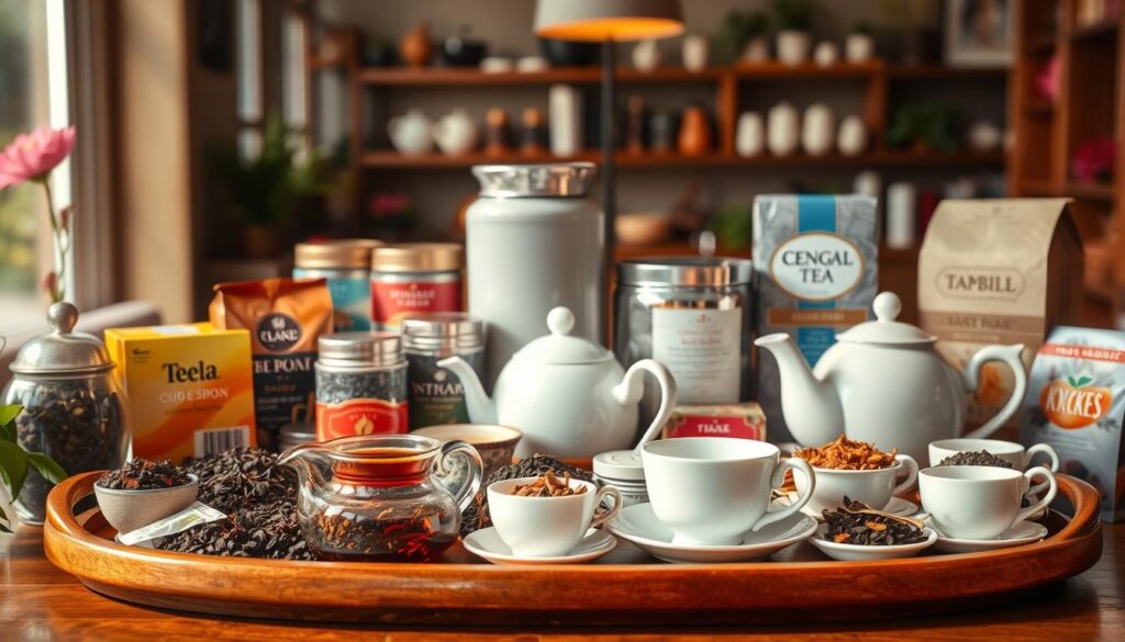 A vibrant still life showcasing an assortment of tea varieties and popular brands. In the foreground, an elegant, wooden tea tray displays an array of teacups, saucers, and teapots, each in a distinct shape and pattern. Surrounding them, an assemblage of loose tea leaves, tea bags, and tea infusers in various colors and textures. In the middle ground, a selection of tea canisters and tin caddies in muted tones, their labels prominently featuring the brands' logos and names. The background features a soft, blurred scene of a cozy tea shop or cafe, hinting at the wider world of tea culture and connoisseurship. Warm, natural lighting casts a inviting glow over the scene, capturing the artisanal and premium quality of the featured tea products. A vibrant still life showcasing an assortment of tea varieties and popular brands. In the foreground, an elegant, wooden tea tray displays an array of teacups, saucers, and teapots, each in a distinct shape and pattern. Surrounding them, an assemblage of loose tea leaves, tea bags, and tea infusers in various colors and textures. In the middle ground, a selection of tea canisters and tin caddies in muted tones, their labels prominently featuring the brands' logos and names. The background features a soft, blurred scene of a cozy tea shop or cafe, hinting at the wider world of tea culture and connoisseurship. Warm, natural lighting casts a inviting glow over the scene, capturing the artisanal and premium quality of the featured tea products.