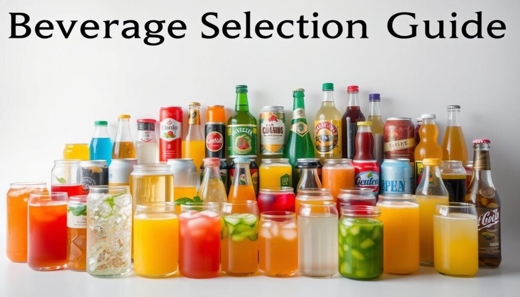 A visually striking and informative "Beverage Selection Guide" depicting various beverage options against a clean, minimalist background. In the foreground, an assortment of glass containers filled with different colorful liquids, ranging from clear sodas to vibrant juices, arranged in an eye-catching layout. The middle ground showcases a variety of canned and bottled beverages, each with a distinct label and branding, creating a sense of choice and diversity. The background maintains a soft, neutral tone, allowing the beverages to take center stage and be the focal point of the image. The lighting is natural and diffused, highlighting the translucency and sheen of the beverages. The overall composition conveys a sense of curation and guidance, inviting the viewer to explore the variety of options available. A visually striking and informative "Beverage Selection Guide" depicting various beverage options against a clean, minimalist background. In the foreground, an assortment of glass containers filled with different colorful liquids, ranging from clear sodas to vibrant juices, arranged in an eye-catching layout. The middle ground showcases a variety of canned and bottled beverages, each with a distinct label and branding, creating a sense of choice and diversity. The background maintains a soft, neutral tone, allowing the beverages to take center stage and be the focal point of the image. The lighting is natural and diffused, highlighting the translucency and sheen of the beverages. The overall composition conveys a sense of curation and guidance, inviting the viewer to explore the variety of options available.