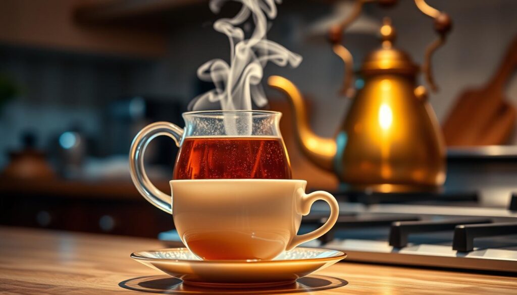 A warm, cozy kitchen interior. In the foreground, a glass teapot filled with steaming Earl Grey tea, its aromatic bergamot notes wafting through the air. The middle ground features a ceramic tea cup, delicately poised on a saucer, ready to receive the freshly brewed liquid. In the background, a vintage brass kettle rests on the stove, its polished surface reflecting the soft, ambient lighting that fills the space. The scene is imbued with a sense of tranquility and mindfulness, inviting the viewer to pause and savor the simple pleasures of the perfect cup of Earl Grey tea. A warm, cozy kitchen interior. In the foreground, a glass teapot filled with steaming Earl Grey tea, its aromatic bergamot notes wafting through the air. The middle ground features a ceramic tea cup, delicately poised on a saucer, ready to receive the freshly brewed liquid. In the background, a vintage brass kettle rests on the stove, its polished surface reflecting the soft, ambient lighting that fills the space. The scene is imbued with a sense of tranquility and mindfulness, inviting the viewer to pause and savor the simple pleasures of the perfect cup of Earl Grey tea.