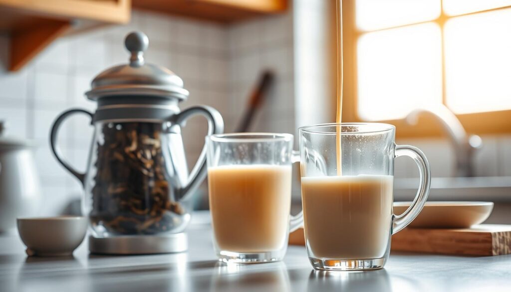 A warm-lit, soft-focus kitchen counter scene showcasing the step-by-step preparation of creamy oolong milk tea. In the foreground, a ceramic teapot steeps fragrant oolong leaves, while a small pitcher of warm milk rests nearby. Gradually, the focus shifts to a transparent glass tumbler being carefully filled with the amber-hued tea, followed by the steady addition of the velvety milk. In the background, a window admits natural daylight, illuminating the tranquil atmosphere. The overall composition conveys the comforting, artisanal nature of the oolong milk tea ritual. A warm-lit, soft-focus kitchen counter scene showcasing the step-by-step preparation of creamy oolong milk tea. In the foreground, a ceramic teapot steeps fragrant oolong leaves, while a small pitcher of warm milk rests nearby. Gradually, the focus shifts to a transparent glass tumbler being carefully filled with the amber-hued tea, followed by the steady addition of the velvety milk. In the background, a window admits natural daylight, illuminating the tranquil atmosphere. The overall composition conveys the comforting, artisanal nature of the oolong milk tea ritual.