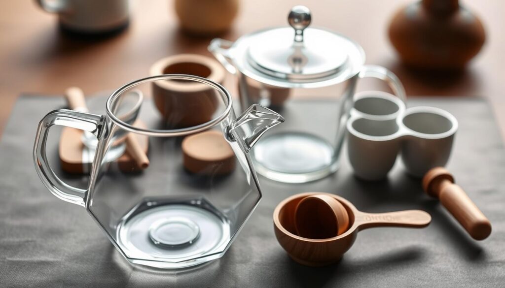 A well-lit, high-angle close-up photograph of a delicate glass tea pot set with carefully curated accessories. In the foreground, the translucent tea pot features an elegant, angular design with a tapered spout and a wooden handle. Surrounding it are a variety of complementary pieces: a small glass creamer, a tea scoop with a wooden handle, and a set of tea tasting cups. The accessories are arranged artfully, showcasing their minimalist beauty and functionality. The lighting is soft and diffused, highlighting the crystalline quality of the glass and the natural tones of the wooden elements. The background is blurred and muted, allowing the tea set to be the central focus of the composition. A well-lit, high-angle close-up photograph of a delicate glass tea pot set with carefully curated accessories. In the foreground, the translucent tea pot features an elegant, angular design with a tapered spout and a wooden handle. Surrounding it are a variety of complementary pieces: a small glass creamer, a tea scoop with a wooden handle, and a set of tea tasting cups. The accessories are arranged artfully, showcasing their minimalist beauty and functionality. The lighting is soft and diffused, highlighting the crystalline quality of the glass and the natural tones of the wooden elements. The background is blurred and muted, allowing the tea set to be the central focus of the composition.