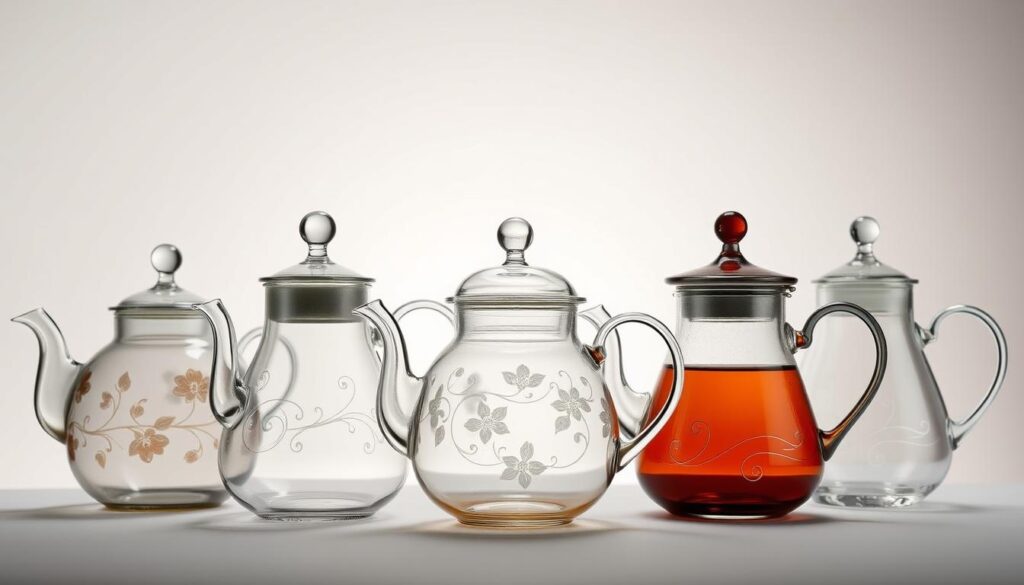 A well-lit, high-quality studio photograph of five distinct hand-blown glass teapots from renowned brands. The teapots are displayed in the foreground against a plain, neutral background, allowing their intricate designs and expert craftsmanship to shine. The lighting is soft and diffused, creating a warm, elegant atmosphere. Each teapot features a unique shape, color, and decorative elements, such as floral patterns, delicate swirls, or geometric accents. The arrangement showcases the diversity and artistry of premium glass teapot brands, highlighting their suitability for brewing and serving loose leaf tea. A well-lit, high-quality studio photograph of five distinct hand-blown glass teapots from renowned brands. The teapots are displayed in the foreground against a plain, neutral background, allowing their intricate designs and expert craftsmanship to shine. The lighting is soft and diffused, creating a warm, elegant atmosphere. Each teapot features a unique shape, color, and decorative elements, such as floral patterns, delicate swirls, or geometric accents. The arrangement showcases the diversity and artistry of premium glass teapot brands, highlighting their suitability for brewing and serving loose leaf tea.