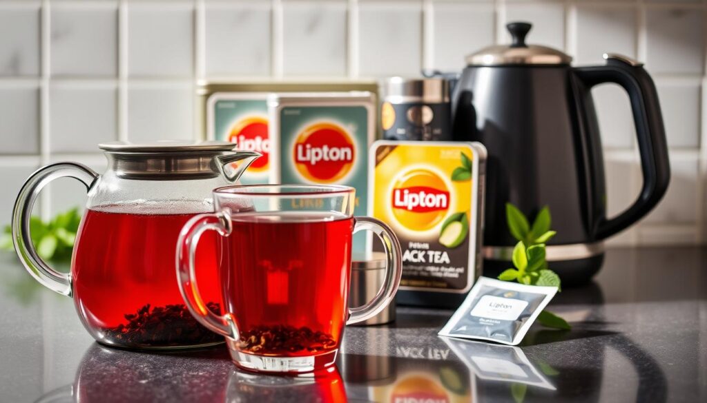 A well-lit kitchen counter showcases the various methods for brewing a perfect cup of Lipton Black Tea. In the foreground, a classic teapot steeps loose-leaf tea leaves, while a glass mug beside it displays the vibrant red-amber infusion. In the middle ground, a stainless steel tea infuser and a tea bag sit next to a sleek electric kettle, highlighting the versatility of Lipton's offerings. The background features a vintage-style tea tin and a few sprigs of fresh mint, creating a cozy, inviting atmosphere. The overall scene captures the timeless ritual of preparing a delightful Lipton Black Tea, ready to be savored and enjoyed.