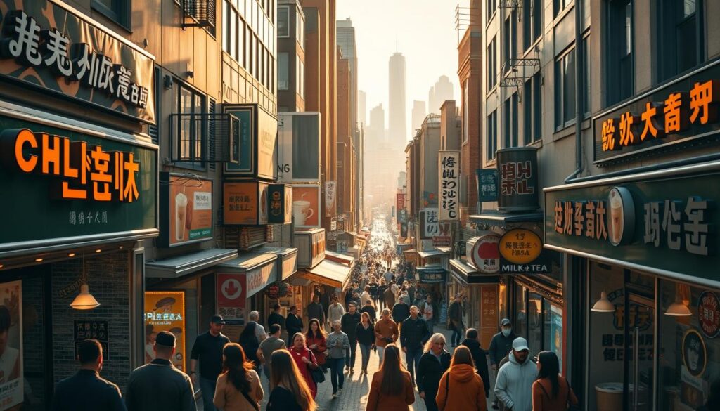An overhead view of a city street brimming with vibrant storefronts, each proudly displaying the iconic brown sugar milk tea beverage. The scene is bathed in warm, golden sunlight, casting a cozy glow over the bustling establishments. In the foreground, a group of pedestrians pause to admire the tempting offerings, their reflections visible in the gleaming storefront windows. The middle ground features a diverse array of milk tea shops, each with its own unique architectural style and design elements, creating a visually captivating tapestry. In the background, the city skyline rises, a testament to the widespread popularity and demand for this delightful drink. The overall composition conveys a sense of community, indulgence, and the irresistible allure of brown sugar milk tea. An overhead view of a city street brimming with vibrant storefronts, each proudly displaying the iconic brown sugar milk tea beverage. The scene is bathed in warm, golden sunlight, casting a cozy glow over the bustling establishments. In the foreground, a group of pedestrians pause to admire the tempting offerings, their reflections visible in the gleaming storefront windows. The middle ground features a diverse array of milk tea shops, each with its own unique architectural style and design elements, creating a visually captivating tapestry. In the background, the city skyline rises, a testament to the widespread popularity and demand for this delightful drink. The overall composition conveys a sense of community, indulgence, and the irresistible allure of brown sugar milk tea.
