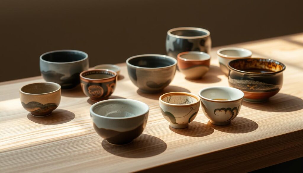 Artful arrangement of authentic Japanese handmade ceramic tea cups on a natural wood surface. Soft, diffused natural lighting from the side, creating gentle shadows and highlights that accentuate the cups' intricate textures and glazes. A serene, contemplative atmosphere, inviting the viewer to appreciate the timeless craftsmanship and cultural heritage embodied in these exquisite vessels. The cups are presented individually and in small groupings, showcasing their unique designs, ranging from traditional to contemporary styles. The overall composition emphasizes the beauty, elegance, and versatility of these cherished Japanese tea cup artworks. Artful arrangement of authentic Japanese handmade ceramic tea cups on a natural wood surface. Soft, diffused natural lighting from the side, creating gentle shadows and highlights that accentuate the cups' intricate textures and glazes. A serene, contemplative atmosphere, inviting the viewer to appreciate the timeless craftsmanship and cultural heritage embodied in these exquisite vessels. The cups are presented individually and in small groupings, showcasing their unique designs, ranging from traditional to contemporary styles. The overall composition emphasizes the beauty, elegance, and versatility of these cherished Japanese tea cup artworks.
