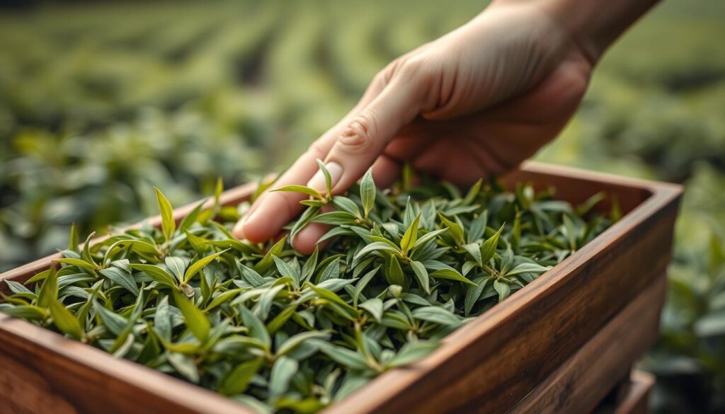 Closeup image of a human hand carefully selecting fresh green gunpowder tea leaves from a wooden tray, with a serene, natural backdrop of a lush tea plantation. Soft, even lighting illuminates the delicate leaves, showcasing their vibrant green hue and fine, downy texture. The composition emphasizes the thoughtful, deliberate process of choosing the highest quality tea leaves, conveying the importance of this step in the production of premium gunpowder tea. The overall mood is one of tranquility, artisanal craftsmanship, and appreciation for the natural world. Closeup image of a human hand carefully selecting fresh green gunpowder tea leaves from a wooden tray, with a serene, natural backdrop of a lush tea plantation. Soft, even lighting illuminates the delicate leaves, showcasing their vibrant green hue and fine, downy texture. The composition emphasizes the thoughtful, deliberate process of choosing the highest quality tea leaves, conveying the importance of this step in the production of premium gunpowder tea. The overall mood is one of tranquility, artisanal craftsmanship, and appreciation for the natural world.