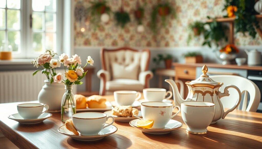 Cozy tea party scene in a bright, airy kitchen. Foreground features a wooden table set with delicate china teacups, saucers, and teapot, along with freshly baked scones, lemon slices, and a vase of fragrant flowers. Middle ground shows a window letting in soft, natural light, and a vintage armchair in the corner. Background has cheerful patterned wallpaper and hanging plants, creating a welcoming, intimate atmosphere. The overall mood is one of relaxation, hospitality, and the simple pleasures of sharing a cup of tea with friends. Cozy tea party scene in a bright, airy kitchen. Foreground features a wooden table set with delicate china teacups, saucers, and teapot, along with freshly baked scones, lemon slices, and a vase of fragrant flowers. Middle ground shows a window letting in soft, natural light, and a vintage armchair in the corner. Background has cheerful patterned wallpaper and hanging plants, creating a welcoming, intimate atmosphere. The overall mood is one of relaxation, hospitality, and the simple pleasures of sharing a cup of tea with friends.
