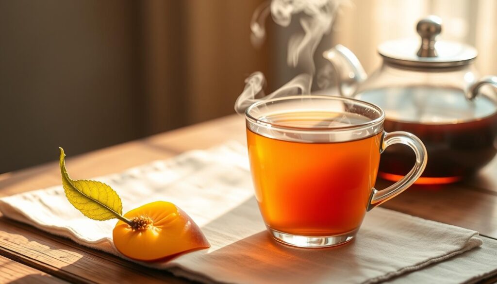 Detailed still life of a steaming cup of freshly brewed peach oolong tea on a wooden table, with a glass teapot, a sprig of fresh peach, and a linen napkin in the foreground. Warm, diffused lighting from the side casts soft shadows, highlighting the rich amber color and fragrant steam rising from the cup. The scene conveys a sense of tranquility and the pleasures of the ritual of tea brewing and tasting. Detailed still life of a steaming cup of freshly brewed peach oolong tea on a wooden table, with a glass teapot, a sprig of fresh peach, and a linen napkin in the foreground. Warm, diffused lighting from the side casts soft shadows, highlighting the rich amber color and fragrant steam rising from the cup. The scene conveys a sense of tranquility and the pleasures of the ritual of tea brewing and tasting.
