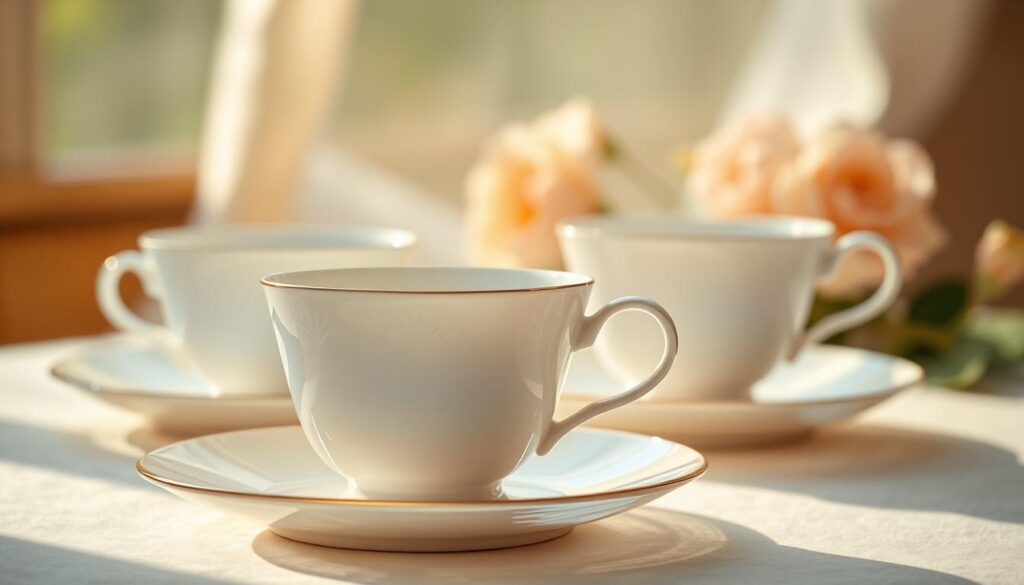 Elegant porcelain tea set - fine, delicate bone china cups and saucers arranged against a soft, natural backdrop. Warm, diffused lighting bathes the scene in a gentle glow, highlighting the intricate patterns and subtle textures of the high-quality ceramic pieces. The tea cups have a graceful, curved silhouette with a thin, translucent quality, while the matching saucers feature a slightly wider circular shape. The composition emphasizes the serene, sophisticated ambiance of the fine porcelain teaware, inviting the viewer to imagine the comforting ritual of an elegant tea service. Elegant porcelain tea set - fine, delicate bone china cups and saucers arranged against a soft, natural backdrop. Warm, diffused lighting bathes the scene in a gentle glow, highlighting the intricate patterns and subtle textures of the high-quality ceramic pieces. The tea cups have a graceful, curved silhouette with a thin, translucent quality, while the matching saucers feature a slightly wider circular shape. The composition emphasizes the serene, sophisticated ambiance of the fine porcelain teaware, inviting the viewer to imagine the comforting ritual of an elegant tea service.