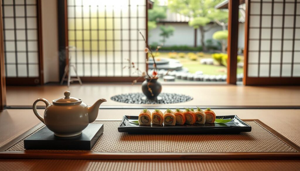 Elegant traditional Japanese tea ceremony taking place in a serene, minimalist room. In the foreground, a low wooden table with a delicate porcelain tea set, the steaming kettle casting a warm glow. Behind it, a stunning presentation of sushi artfully arranged on a black lacquered platter, garnished with vibrant green tea leaves. The middle ground features a graceful ikebana floral arrangement, its natural forms complementing the clean lines of the architecture. Soft, diffused lighting filters in through shoji screens, creating a tranquil, contemplative atmosphere. The background is a traditional Japanese garden, with a raked gravel path leading to a peaceful koi pond. Elegant traditional Japanese tea ceremony taking place in a serene, minimalist room. In the foreground, a low wooden table with a delicate porcelain tea set, the steaming kettle casting a warm glow. Behind it, a stunning presentation of sushi artfully arranged on a black lacquered platter, garnished with vibrant green tea leaves. The middle ground features a graceful ikebana floral arrangement, its natural forms complementing the clean lines of the architecture. Soft, diffused lighting filters in through shoji screens, creating a tranquil, contemplative atmosphere. The background is a traditional Japanese garden, with a raked gravel path leading to a peaceful koi pond.