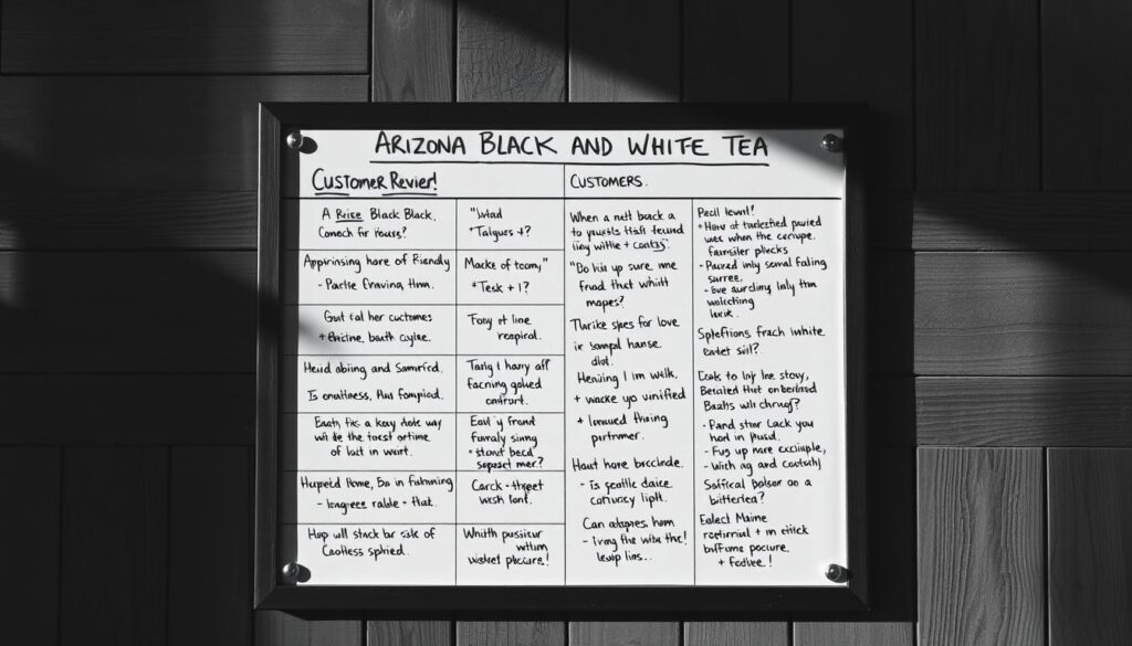 High-contrast black and white photograph of a customer review board for Arizona Black and White Tea, set in a cozy tea shop interior. The board displays handwritten comments and star ratings from satisfied customers, arranged in a grid layout against a simple wooden background. Soft, warm lighting casts shadows and highlights the textured surfaces, creating a sense of depth and authenticity. The composition emphasizes the human element, with the reviews subtly reflecting the tea's refreshing qualities and market appeal.
