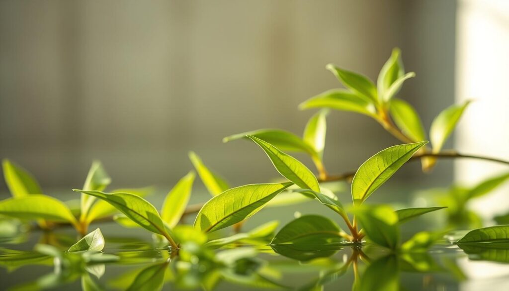 Jasmine green tea leaves gracefully floating in a tranquil, softly-lit setting. The leaves are captured in a close-up, high-resolution view, showcasing their delicate texture and vibrant green hue. The lighting is gentle, creating a calming, spa-like atmosphere. Soft, glowing highlights dance across the leaves, emphasizing their natural beauty. The background is subtly blurred, drawing the viewer's focus to the main subject and its skin-nourishing properties. The overall composition is balanced and serene, conveying the soothing, restorative benefits of jasmine green tea for healthy, radiant skin. Jasmine green tea leaves gracefully floating in a tranquil, softly-lit setting. The leaves are captured in a close-up, high-resolution view, showcasing their delicate texture and vibrant green hue. The lighting is gentle, creating a calming, spa-like atmosphere. Soft, glowing highlights dance across the leaves, emphasizing their natural beauty. The background is subtly blurred, drawing the viewer's focus to the main subject and its skin-nourishing properties. The overall composition is balanced and serene, conveying the soothing, restorative benefits of jasmine green tea for healthy, radiant skin.