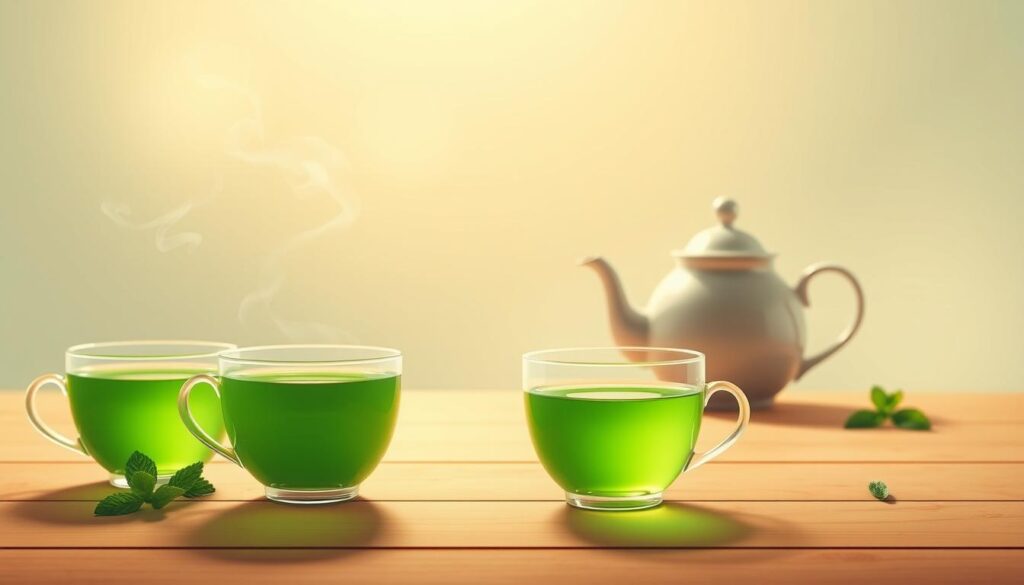 Mint Tea Consumption Guidelines: A serene, minimalist illustration showcasing the ideal daily intake of refreshing mint tea. In the foreground, delicate porcelain cups brimming with vibrant green liquid, steam gently rising. The middle ground features a clean, wooden table surface, with muted accents of mint leaves and a classic teapot. The background is a soft, hazy gradient, evoking a sense of tranquility and balance. Warm, indirect lighting casts a soothing glow, accentuating the simplicity and elegance of the scene. The overall mood is one of mindful, healthful indulgence, inviting the viewer to savor the restorative benefits of this beloved herbal infusion. Mint Tea Consumption Guidelines: A serene, minimalist illustration showcasing the ideal daily intake of refreshing mint tea. In the foreground, delicate porcelain cups brimming with vibrant green liquid, steam gently rising. The middle ground features a clean, wooden table surface, with muted accents of mint leaves and a classic teapot. The background is a soft, hazy gradient, evoking a sense of tranquility and balance. Warm, indirect lighting casts a soothing glow, accentuating the simplicity and elegance of the scene. The overall mood is one of mindful, healthful indulgence, inviting the viewer to savor the restorative benefits of this beloved herbal infusion.