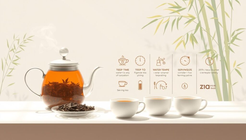Oolong Tea Safety Guidelines: A detailed illustration showcasing essential safety tips for preparing and consuming oolong tea. A crisp, minimalist layout with a light, airy atmosphere. In the foreground, a beautifully rendered oolong tea set, including a teapot, cups, and a timer. Meticulously depicted tea leaves and steam evoke the fragrant aromas. The middle ground features simple icons and infographics highlighting key safety considerations, such as recommended steep time, water temperature, and serving size. The background depicts a tranquil, natural setting with delicate tea plants and bamboo foliage, conveying the serene, healthful nature of oolong tea. Subtle lighting from above casts gentle shadows, creating depth and emphasizing the elegance of the scene. The overall composition is clean, informative, and visually appealing, perfectly suited to illustrate the "Safety Considerations" section of the article.