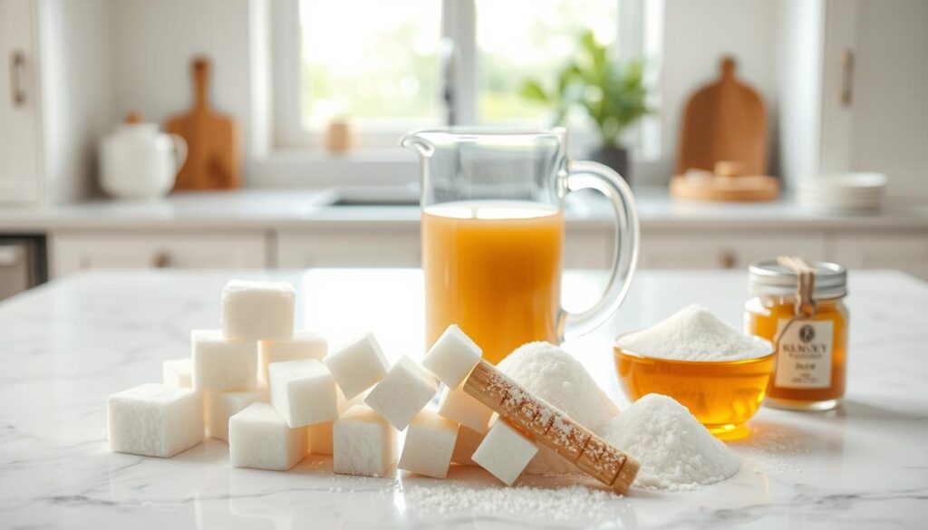 Sweeteners for Oolong Milk Tea: an array of artisanal sugar cubes, honey sticks, and powdered sugar in a cozy, well-lit kitchen. The foreground features the sweeteners arranged on a pristine white marble countertop, with a glass pitcher of freshly brewed oolong tea in the middle. The background has a blurred view of a window, allowing soft natural light to filter in and create a warm, inviting atmosphere. The composition is balanced, with the sweeteners taking center stage, encouraging the viewer to imagine the perfect way to customize their oolong milk tea. The lighting is gentle and diffused, highlighting the natural textures and colors of the sweeteners. An elegant, minimalist style conveys the refined, luxurious nature of this specialty tea experience. Sweeteners for Oolong Milk Tea: an array of artisanal sugar cubes, honey sticks, and powdered sugar in a cozy, well-lit kitchen. The foreground features the sweeteners arranged on a pristine white marble countertop, with a glass pitcher of freshly brewed oolong tea in the middle. The background has a blurred view of a window, allowing soft natural light to filter in and create a warm, inviting atmosphere. The composition is balanced, with the sweeteners taking center stage, encouraging the viewer to imagine the perfect way to customize their oolong milk tea. The lighting is gentle and diffused, highlighting the natural textures and colors of the sweeteners. An elegant, minimalist style conveys the refined, luxurious nature of this specialty tea experience.